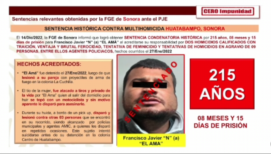 Sentencia histórica en Sonora de 215 años de prisión para Francisco Javier «N» (a), «El Amá»