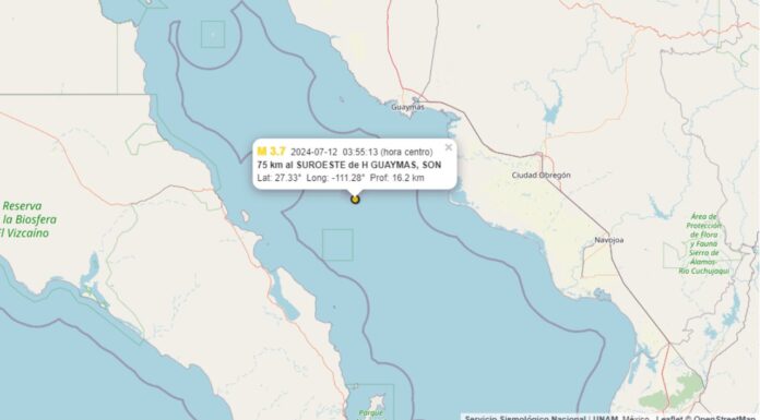 Sismo de 3.7 grados sacude Guaymas esta madrugada