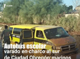 Autobús escolar se queda varado en charco al sur de Ciudad Obregón; marinos rescatan a estudiantes